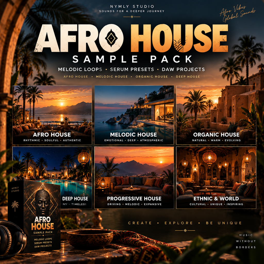 Promotional cover art for the 'Afro House Sample Pack' by Nymly Studio, showcasing six warm-toned sunset and ambient lounge scenes labeled for house music styles: Afro House, Melodic House, Organic House, Deep House, Progressive House, and Ethno & World.