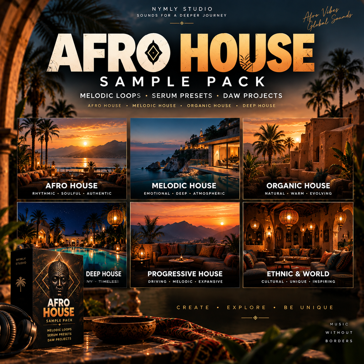 Promotional cover art for the 'Afro House Sample Pack' by Nymly Studio, showcasing six warm-toned sunset and ambient lounge scenes labeled for house music styles: Afro House, Melodic House, Organic House, Deep House, Progressive House, and Ethno & World.