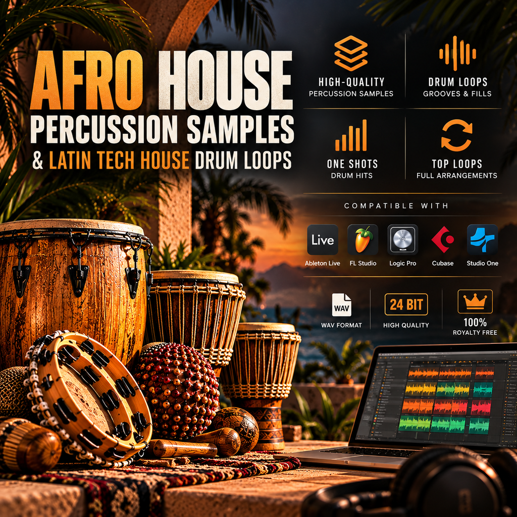 Promotional graphic for a digital audio sample pack titled 'AFRO HOUSE PERCUSSION SAMPLES & LATIN TECH HOUSE DRUM LOOPS'. The image features a collection of traditional African drums, a djembe, a tambourine, and mallets in the foreground, with a laptop showing an audio waveform editor on a table.