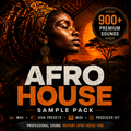Promotional cover art for an 'Afro House Sample Pack' featuring a stylized portrait of a woman with traditional African headwear and face paint against an African savanna sunset background. The text 'AFRO HOUSE SAMPLE PACK' is prominently displayed in distressed white and orange lettering, with badges indicating '900+ PREMIUM SOUNDS' and compatible formats like WAV, Diva Presets, MIDI, and Producer Kit.