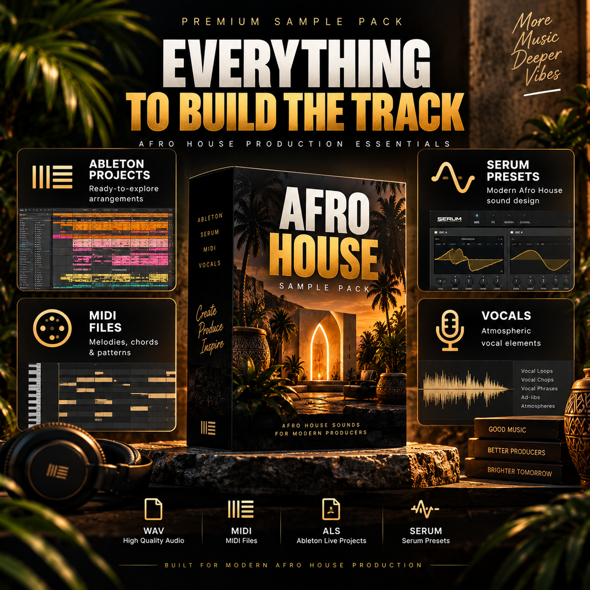 Afro House sample pack showing Ableton projects, Serum presets, MIDI files, WAV audio, and vocal elements.