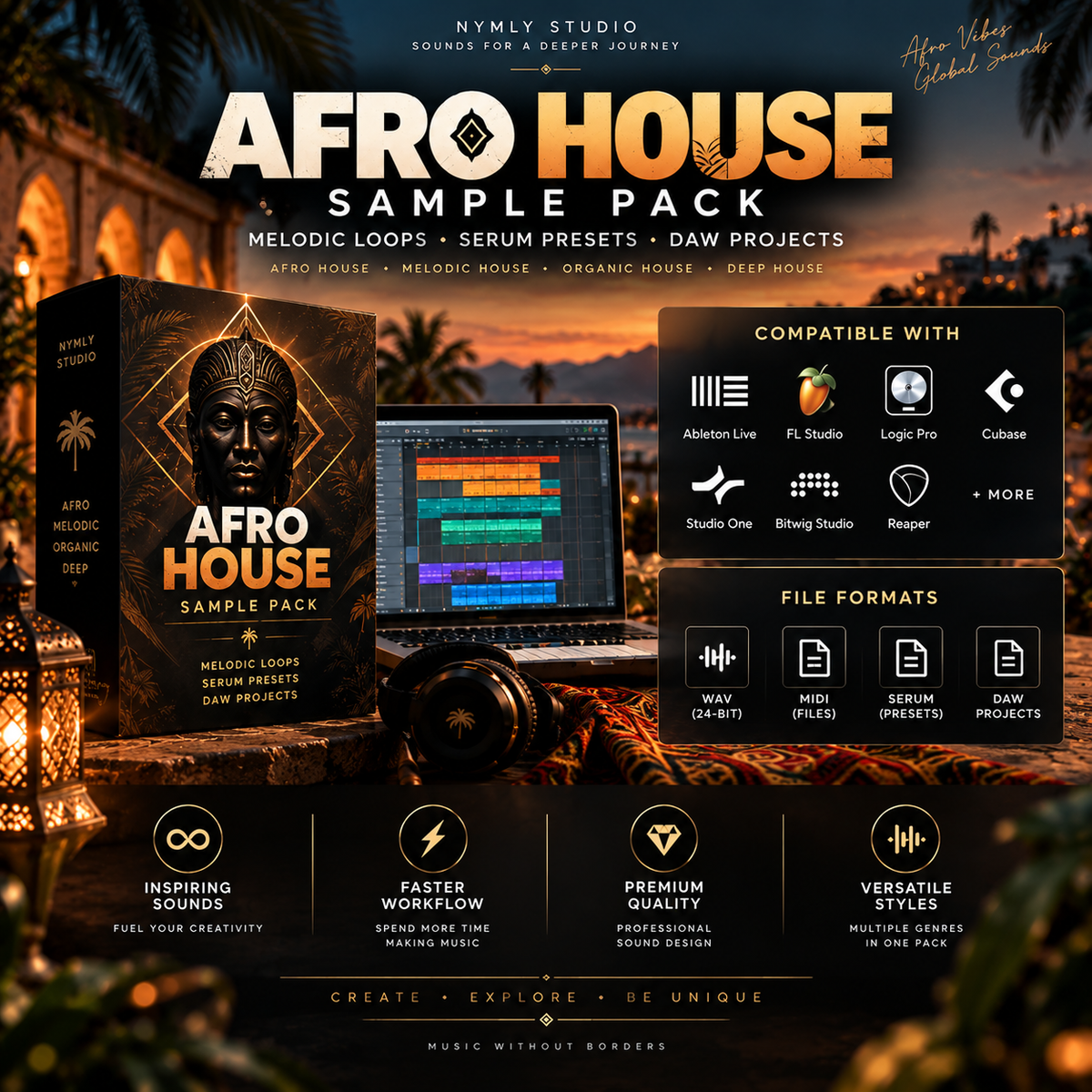 Promotional graphic for the Afro House Sample Pack by Nyml Studio, showing a boxed sample pack cover, a laptop with audio software, headphones, and feature callouts on a dark tropical sunset background.