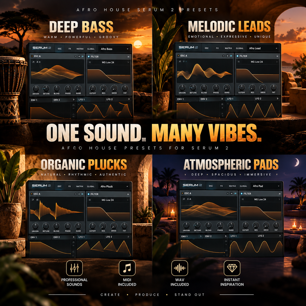 A promotional collage for Afro House music presets, showing four preset packs: Deep Bass, Melodic Leads, Organic Plucks, and Atmospheric Pads. Each panel features a dark audio plugin interface with orange waveform graphics over scenic sunset and night landscape backgrounds.