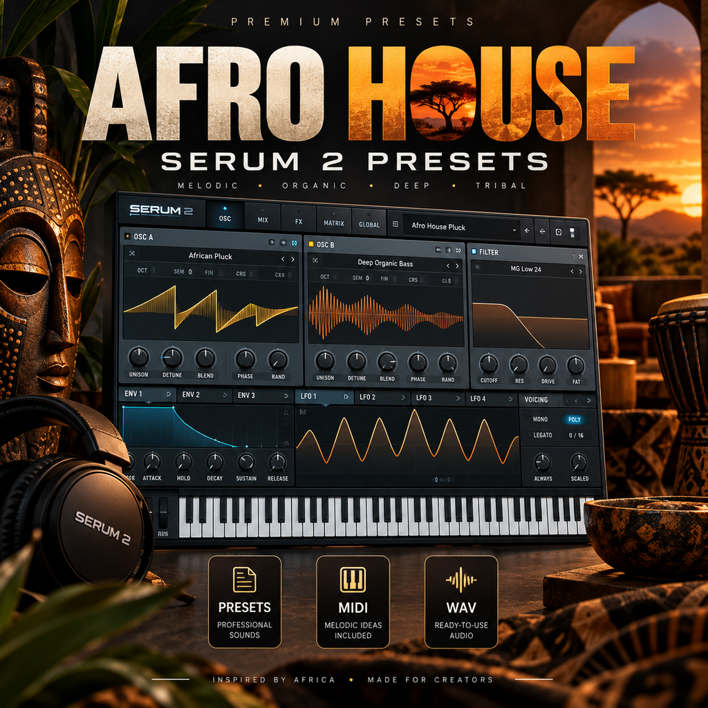Promotional graphic for Afro House Serum 2 presets, showing a digital audio workstation interface with waveform controls and piano keys, surrounded by African cultural props including a mask, headphones, drums, and a sunset landscape. Text reads 'AFRO HOUSE', 'SERUM 2 PRESETS', and feature badges for professional sounds, MIDI, and WAV files.