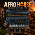 Promotional graphic for Afro House Serum 2 presets, showing a digital audio workstation interface with waveform controls and piano keys, surrounded by African cultural props including a mask, headphones, drums, and a sunset landscape. Text reads 'AFRO HOUSE', 'SERUM 2 PRESETS', and feature badges for professional sounds, MIDI, and WAV files.