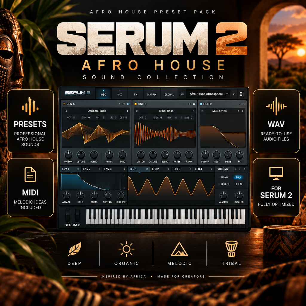 Promotional graphic for 'Serum 2 Afro House Sound Collection' preset pack, showing a digital audio workstation interface with waveform controls and a piano keyboard, surrounded by feature callouts and African-themed background imagery.
