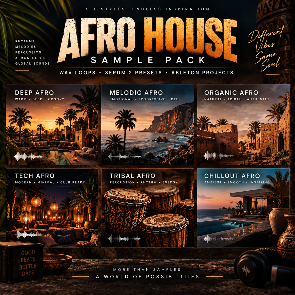 Promotional cover art for an Afro House sample pack, featuring six illustrated music-themed panels labeled Deep Afro, Melodic Afro, Organic Afro, Tech Afro, Tribal Afro, and Chillout Afro. Large text reads 'AFRO HOUSE SAMPLE PACK' with smaller copy about wav loops, serum 2 presets, Ableton projects, and different vibes same soul.