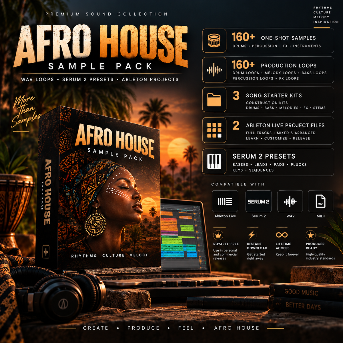 Promotional graphic for the Afro House Sample Pack, showing a boxed music sample pack, a laptop with audio waveform, and a warm sunset scene with palm trees. Text highlights 160+ one-shot samples, 160+ production loops, 3 song starter kits, 2 Ableton Live project files, and compatibility with Serum, Percussion FX, and other audio software.