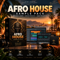 Promotional graphic for the Afro House Sample Pack by Nymly Studio, showing a large product box, a laptop with audio software, a tablet, and a synthesizer interface on a reflective surface at sunset with palm trees and lanterns. Text highlights melodic loops, serum presets, DAW projects, and feature counts.