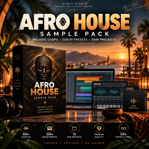 Promotional graphic for the Afro House Sample Pack by Nymly Studio, showing a large product box, a laptop with audio software, a tablet, and a synthesizer interface on a reflective surface at sunset with palm trees and lanterns. Text highlights melodic loops, serum presets, DAW projects, and feature counts.