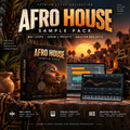Promotional graphic for the Afro House Sample Pack, showing a boxed audio sample pack, a digital software interface, and a virtual keyboard against a sunset backdrop with palm trees. Text highlights wav loops, serum 2 presets, and Ableton projects.