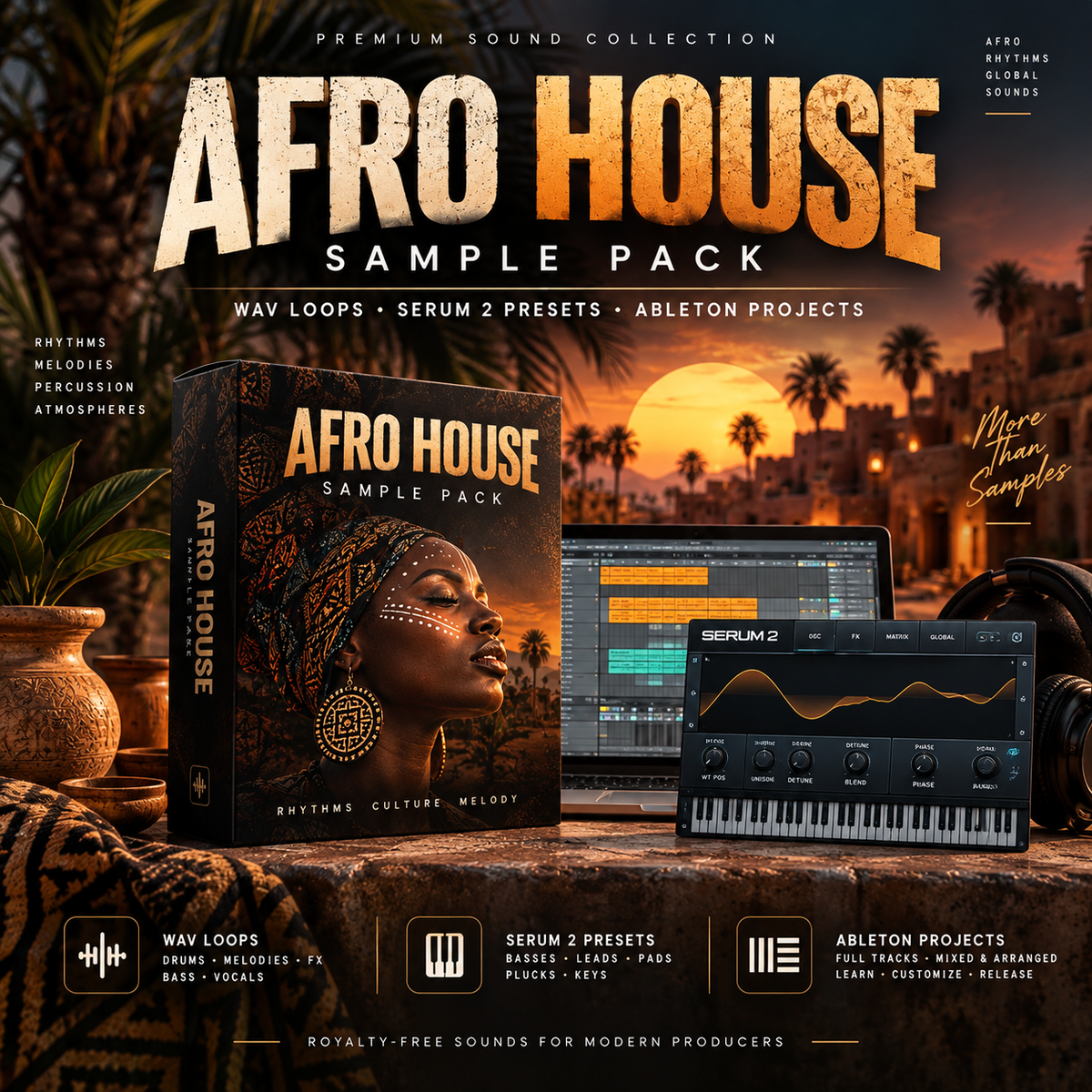 Promotional graphic for the Afro House Sample Pack, showing a boxed audio sample pack, a digital software interface, and a virtual keyboard against a sunset backdrop with palm trees. Text highlights wav loops, serum 2 presets, and Ableton projects.