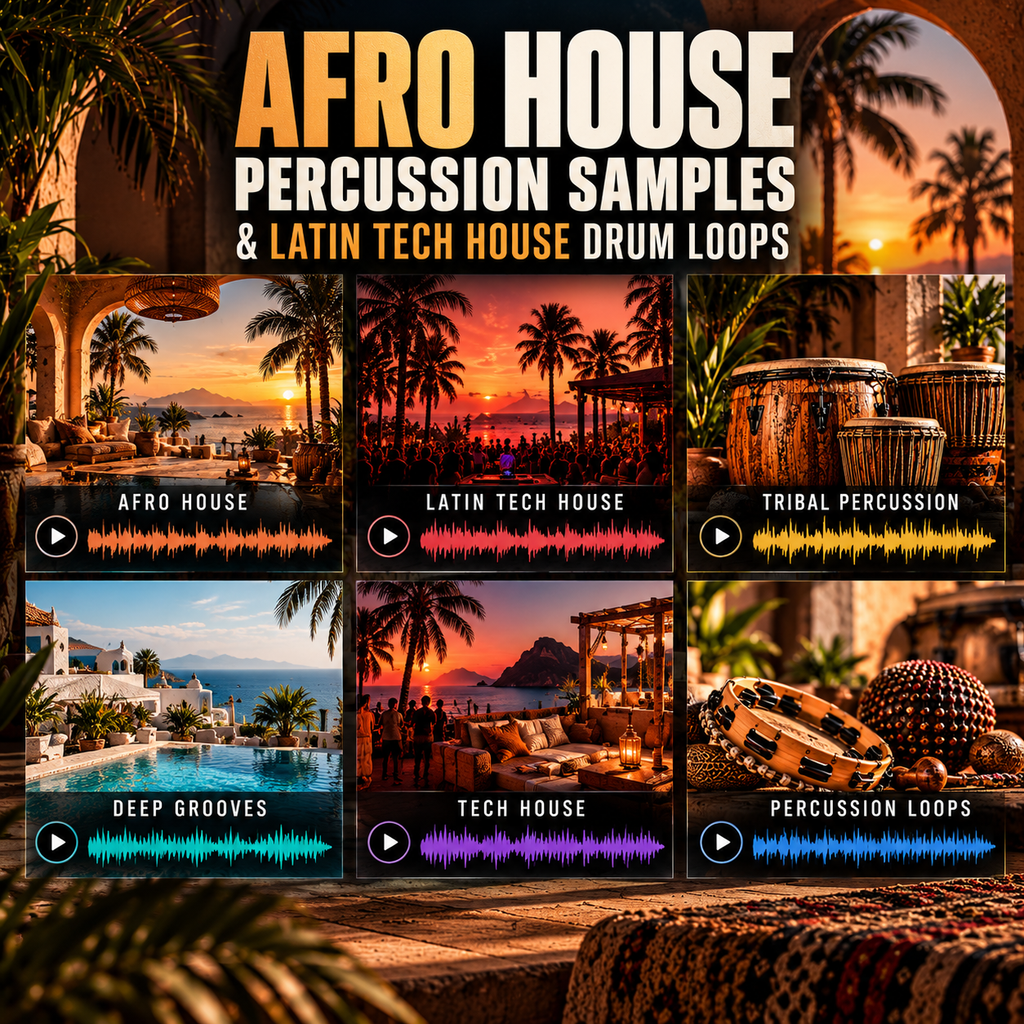 Promotional graphic for a music sample pack titled 'AFRO HOUSE PERCUSSION SAMPLES & LATIN TECH HOUSE DRUM LOOPS'. The design features a tropical beach and poolside collage background with six sample categories shown in a 2x3 grid: Afro House, Latin Tech House, Tribal Percussion, Deep Grooves, Tech House, and Percussion Loops.