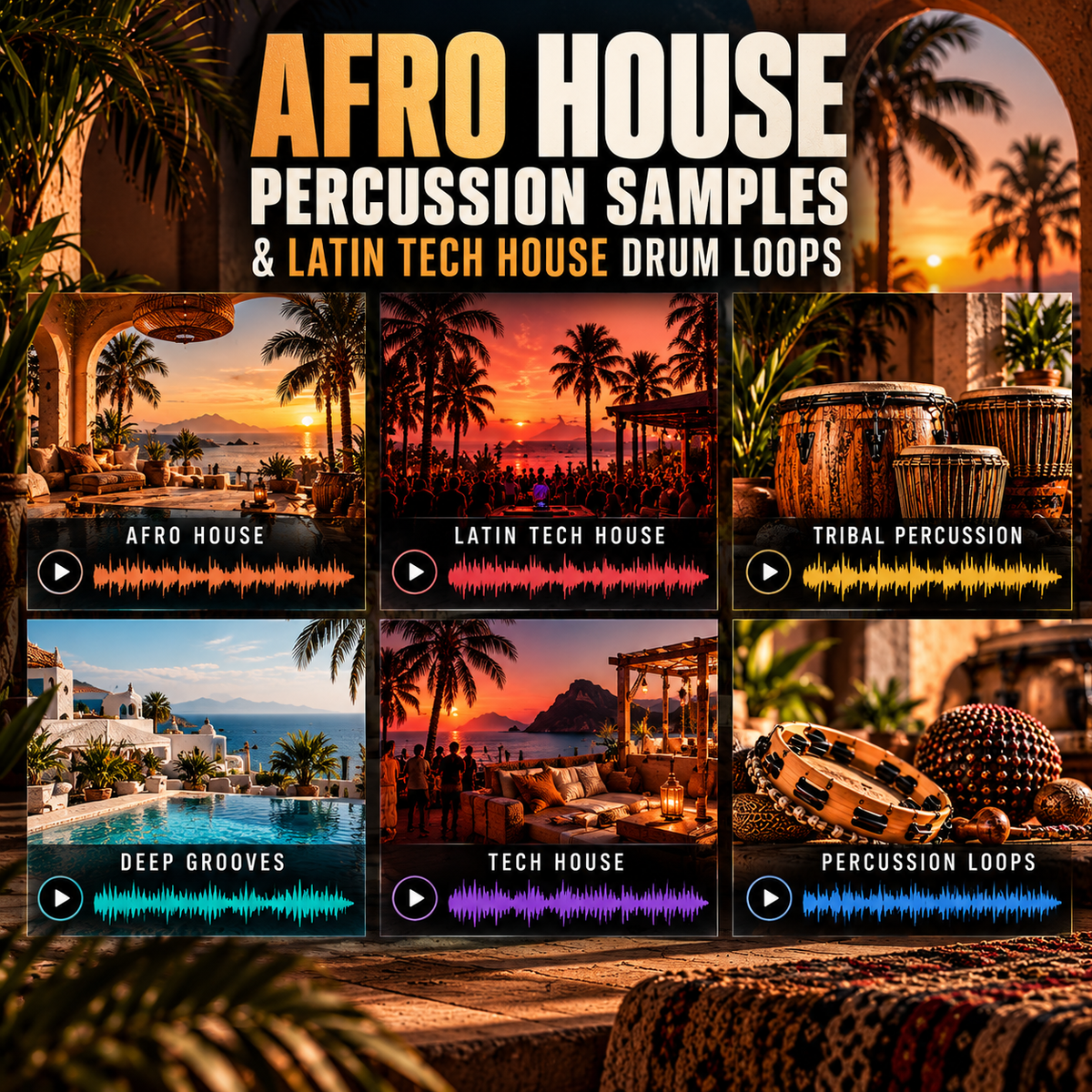 Promotional graphic for a music sample pack titled 'AFRO HOUSE PERCUSSION SAMPLES & LATIN TECH HOUSE DRUM LOOPS'. The design features a tropical beach and poolside collage background with six sample categories shown in a 2x3 grid: Afro House, Latin Tech House, Tribal Percussion, Deep Grooves, Tech House, and Percussion Loops.