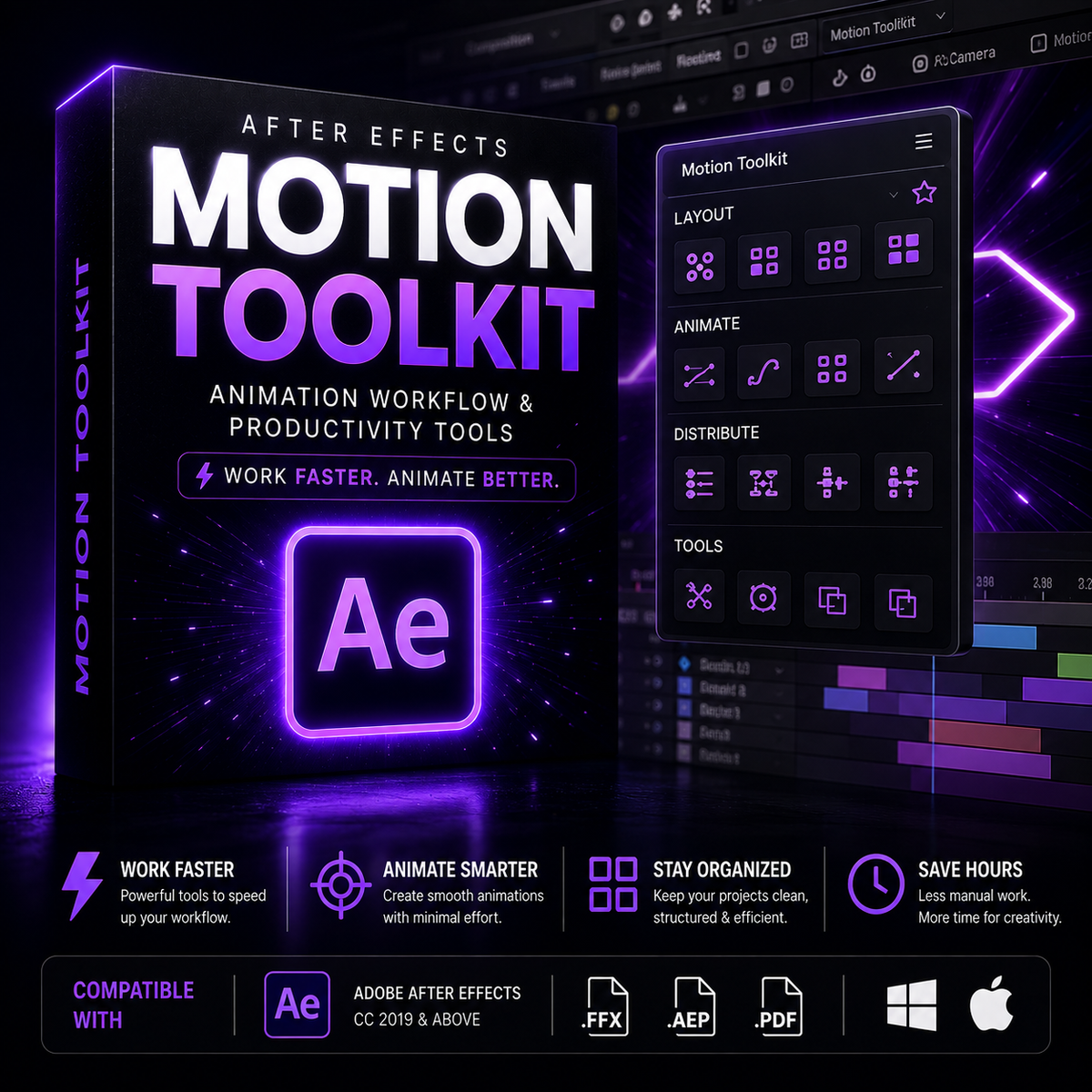 Promotional graphic for the Motion Toolkit software, showing a large product box, a motion toolkit panel interface, and compatibility badges for Adobe After Effects CC 2019 and above, along with Windows and Apple logos.