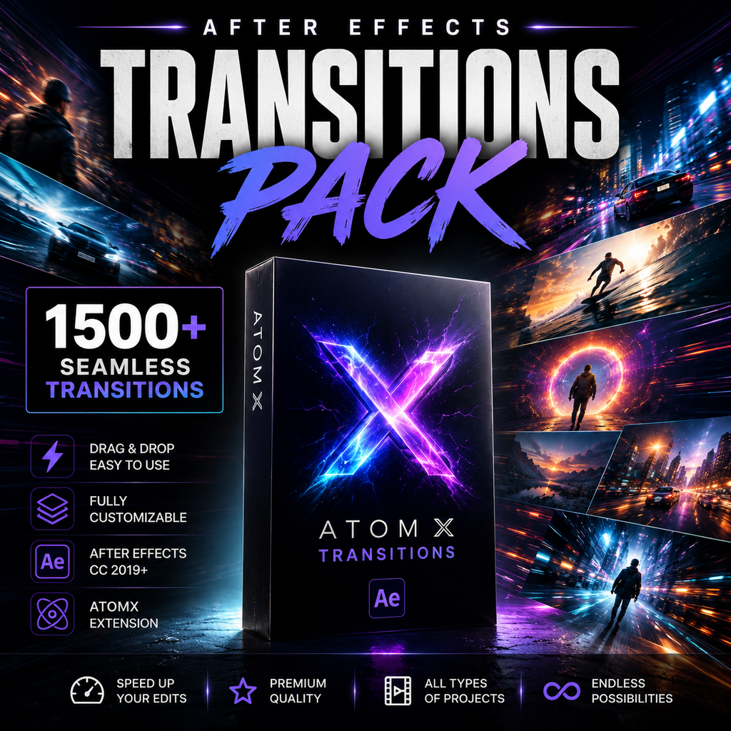 Promotional graphic for an After Effects Transitions Pack, showing a black product box with a glowing purple and blue X logo in the center. Large text reads 'AFTER EFFECTS TRANSITIONS PACK' and '1500+ SEAMLESS TRANSITIONS.