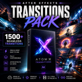 Promotional graphic for an After Effects Transitions Pack, showing a black product box with a glowing purple and blue X logo in the center. Large text reads 'AFTER EFFECTS TRANSITIONS PACK' and '1500+ SEAMLESS TRANSITIONS.
