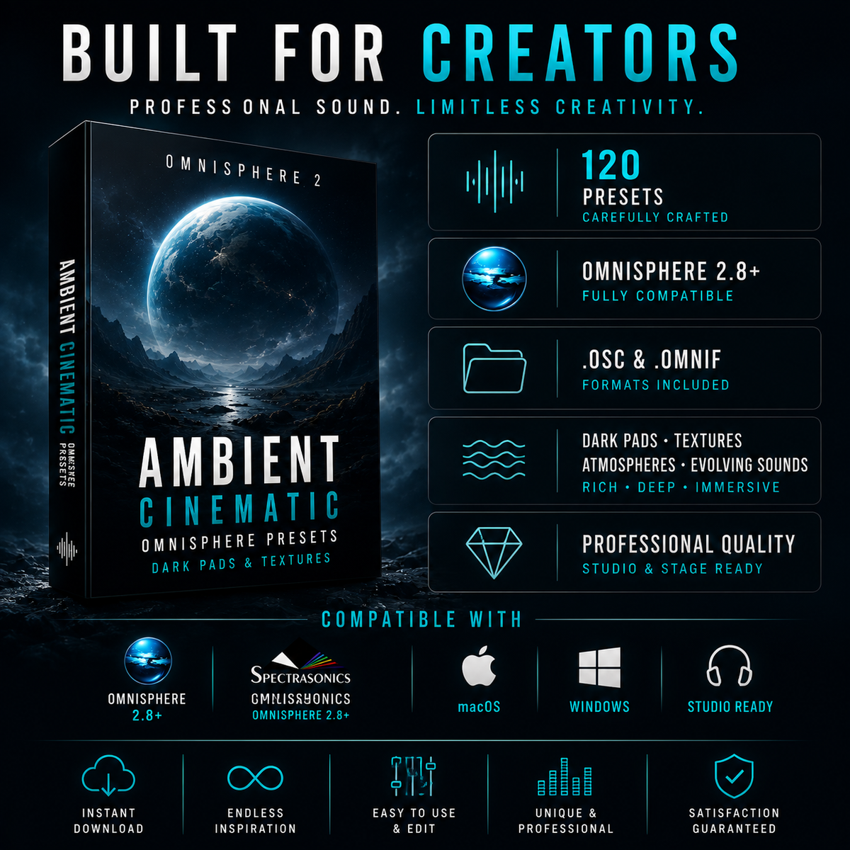 Ambient cinematic Omnisphere presets with 120 presets, Omnisphere 2.8+ compatibility, OSC and OMNIF formats.