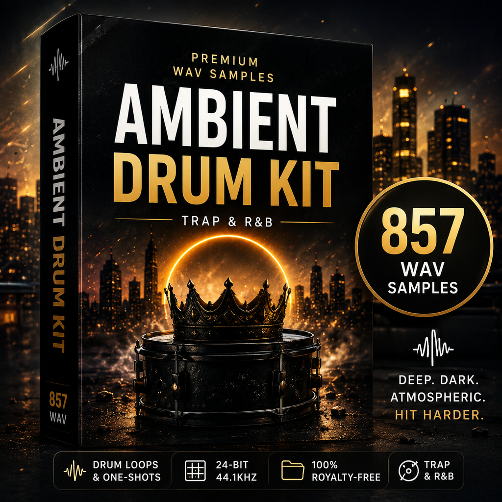 Digital product cover for Ambient Drum Kit Trap & R&B by Premium WAV Samples, featuring a dark box design with a crown and drum graphic, set against a glowing city skyline at night. Includes a badge indicating 857 WAV samples and feature icons for drum loops, 24-bit, 100% royalty-free, and trap & R&B.