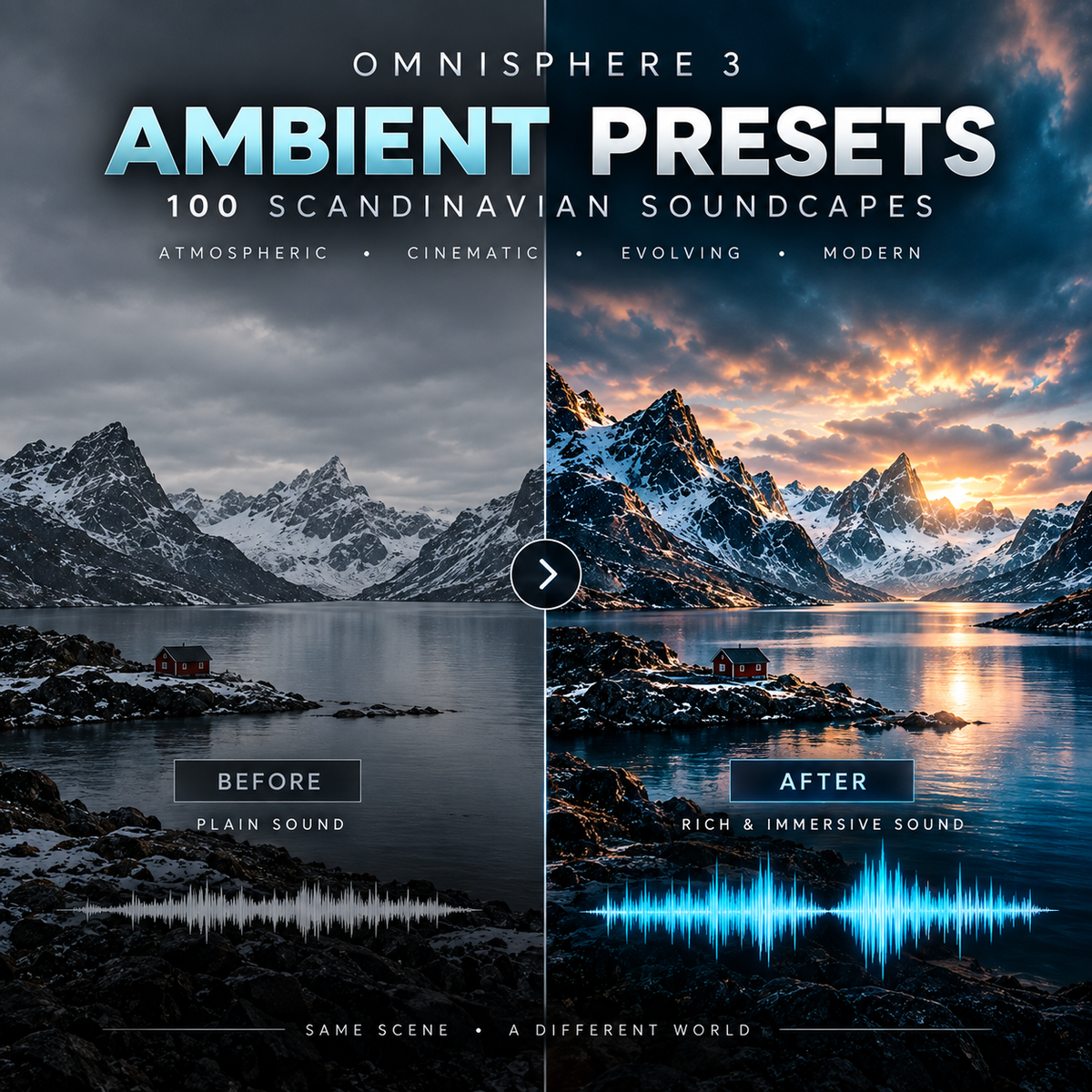 Promotional graphic for 'Omnisphere 3 Ambient Presets' showing a split-screen comparison of a snowy mountain lake scene. The left side is labeled 'Before' with dark, muted tones and a waveform at the bottom.