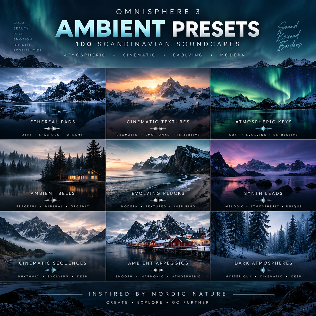 Promotional graphic for 'Ambient Presets' for Omnisphere 3, featuring a 3x3 grid of nine Nordic-themed landscape images (mountains, aurora, lakes, cabins) with text labels for different preset collections like 'Ethereal Pads', 'Cinematic Textures', and 'Ambient Bells'.