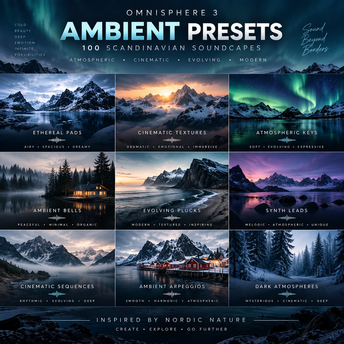 Promotional graphic for 'Ambient Presets' for Omnisphere 3, featuring a 3x3 grid of nine Nordic-themed landscape images (mountains, aurora, lakes, cabins) with text labels for different preset collections like 'Ethereal Pads', 'Cinematic Textures', and 'Ambient Bells'.