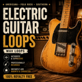 Promotional cover art for a music production loop pack titled 'Electric Guitar Loops' with a vintage-style electric guitar on a wooden surface beside an amplifier. Text highlights genres like Americana, folk rock, and southern music, plus callouts such as authentic and expressive, professionally recorded, and 100% royalty free.