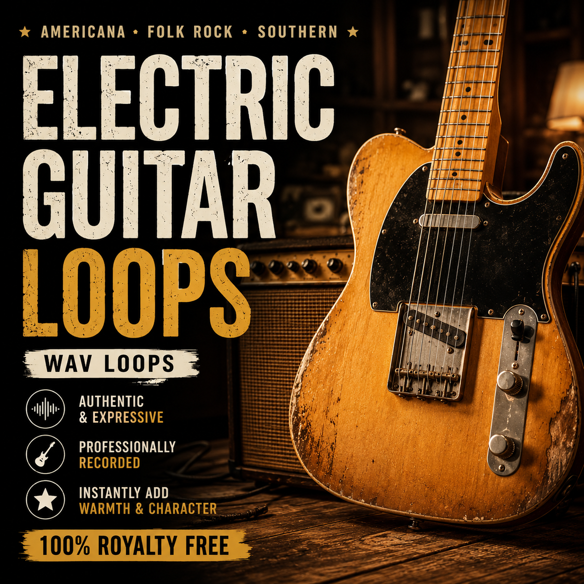 Promotional cover art for a music production loop pack titled 'Electric Guitar Loops' with a vintage-style electric guitar on a wooden surface beside an amplifier. Text highlights genres like Americana, folk rock, and southern music, plus callouts such as authentic and expressive, professionally recorded, and 100% royalty free.