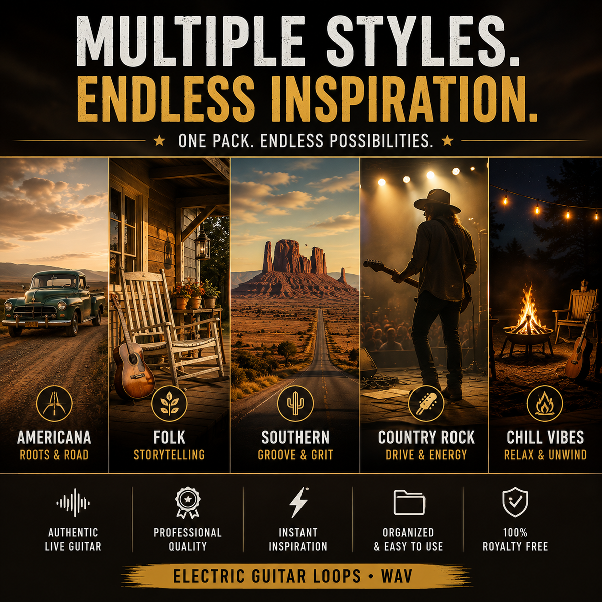 Promotional graphic for an electric guitar loop pack featuring five vertical panels with country and folk music scenes: a vintage car on a dirt road, a porch with a guitar, a desert landscape with a road leading to Monument Valley, a guitarist under stage lights, and a campfire scene. Large text at the top reads 'MULTIPLE STYLES.