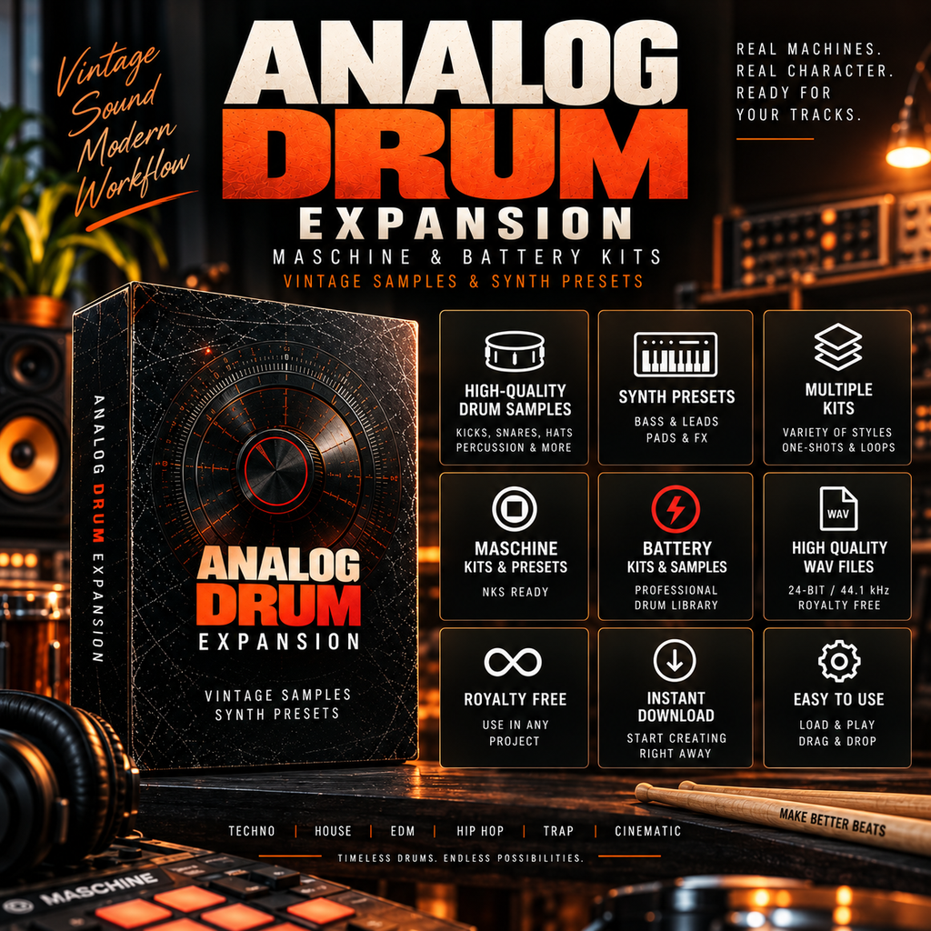 Promotional graphic for the Analog Drum Expansion sample pack, showing a boxed product cover in the center with large orange and white title text, dark moody studio background, and a grid of feature icons including high-quality samples, preset packs, multiple kits, and royalty-free use.