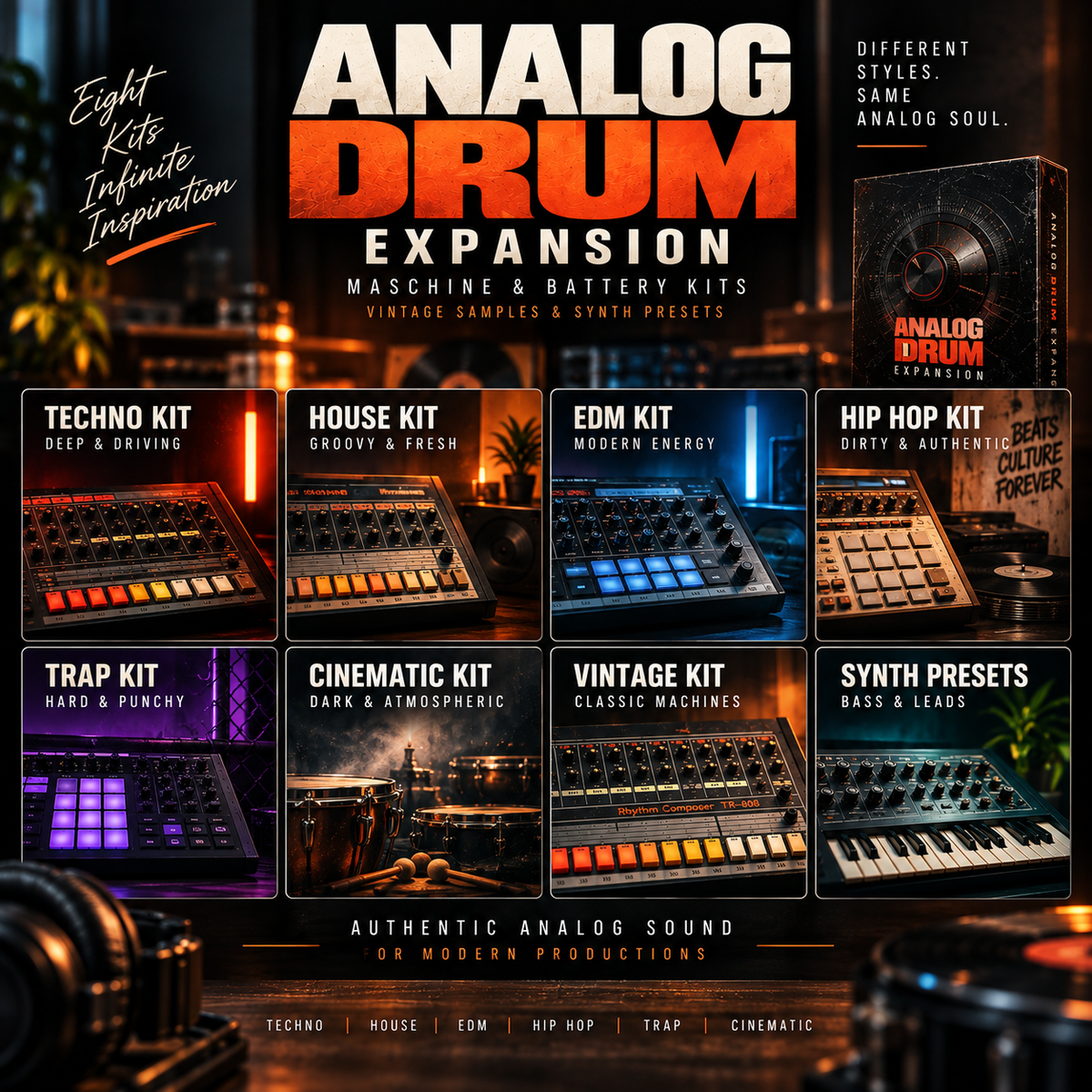 Promotional graphic for the Analog Drum Expansion sample pack, featuring eight illustrated/photographic drum kit and preset panels: Techno, House, EDM, Hip Hop, Trap, Cinematic, Vintage, and Synth Presets. Large text reads 'ANALOG DRUM EXPANSION' with smaller 'MASCHINE & BATTERY KITS' and 'VINTAGE SAMPLES & SYNTH PRESETS.