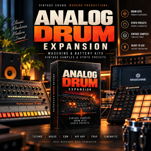 Digital product cover for Analog Drum Expansion, featuring a central software box mockup on a dark studio background with audio equipment. The box is black with bold orange and white text.
