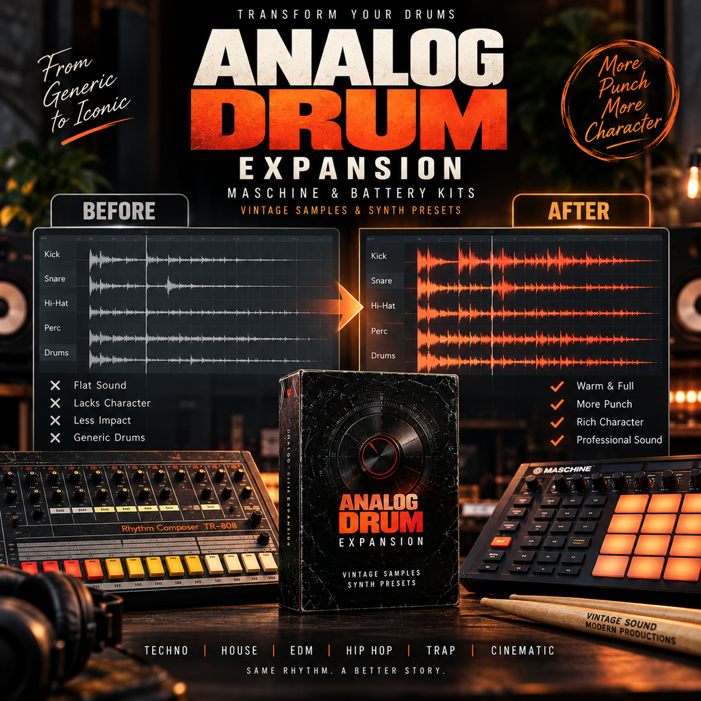 Promotional graphic for Analog Drum Expansion machine and battery kits, showing a black box with orange-red label in the center, before/after waveform comparison panels, and drum pads and a sampler keyboard in a dark studio setup.