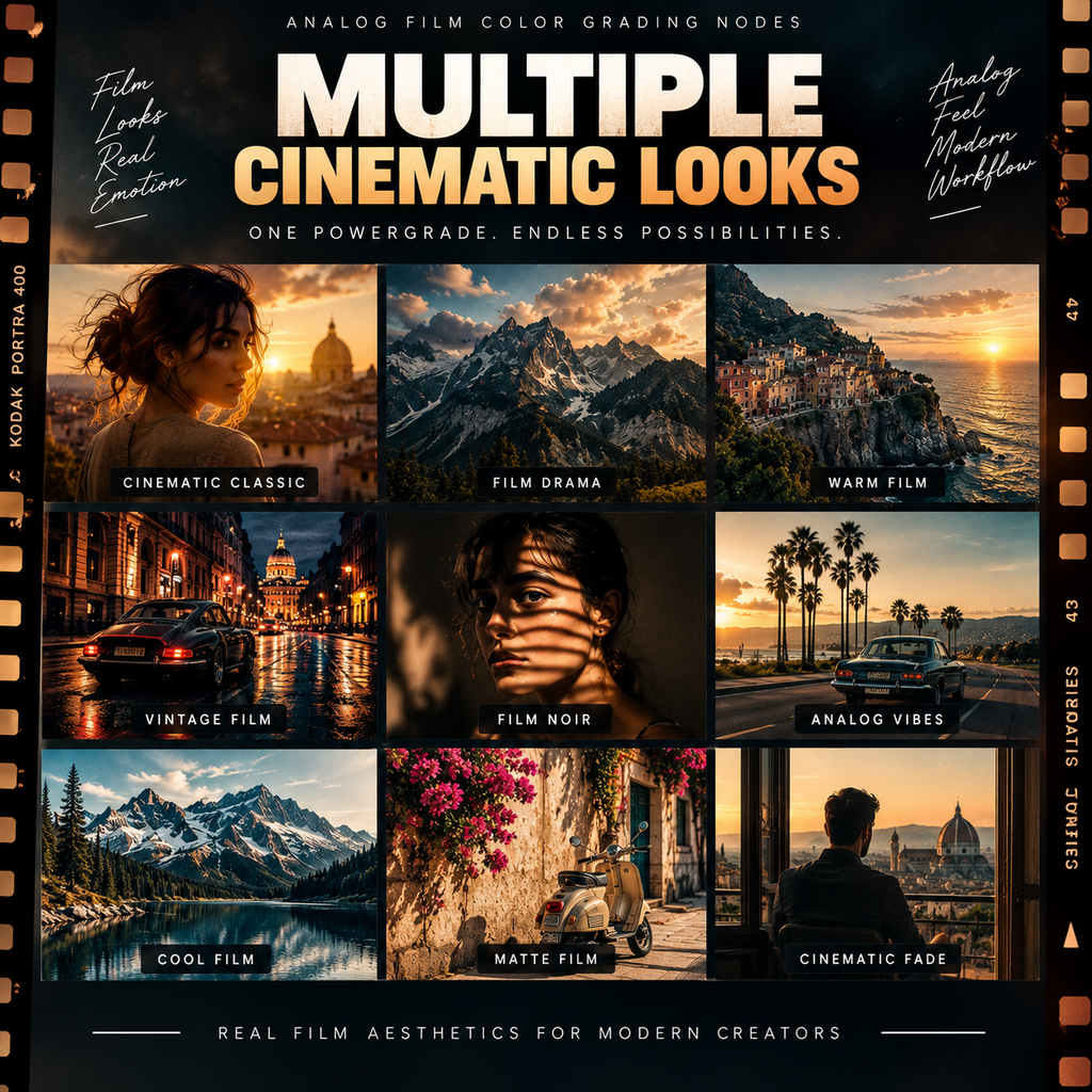 A promotional graphic for a digital preset pack titled 'Multiple Cinematic Looks' with nine sample film-style photo panels and text such as 'Analog Film Color Grading Nodes' and 'Real Film Aesthetics for Modern Creators.' This is not a physical product photo, not packaging, and not an instruction/measurement/color-swatch image, so subject_type is Other.