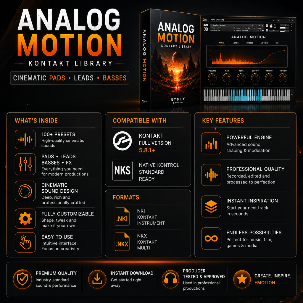 Promotional graphic for the Analog Motion Kontakt Library, showing the software box cover, a piano keyboard interface screenshot, and multiple feature callouts on a dark background.