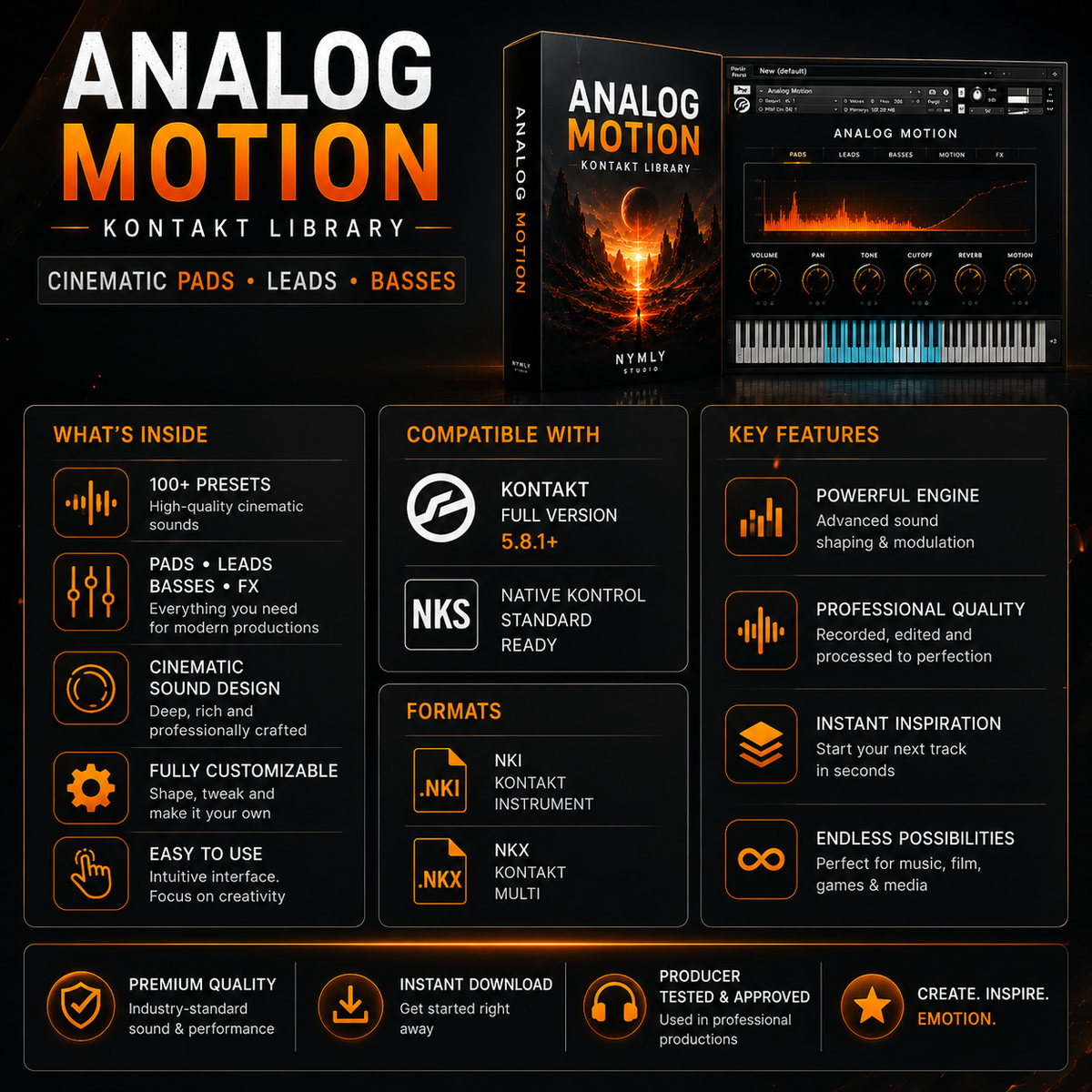 Promotional graphic for the Analog Motion Kontakt Library, showing the software box cover, a piano keyboard interface screenshot, and multiple feature callouts on a dark background.