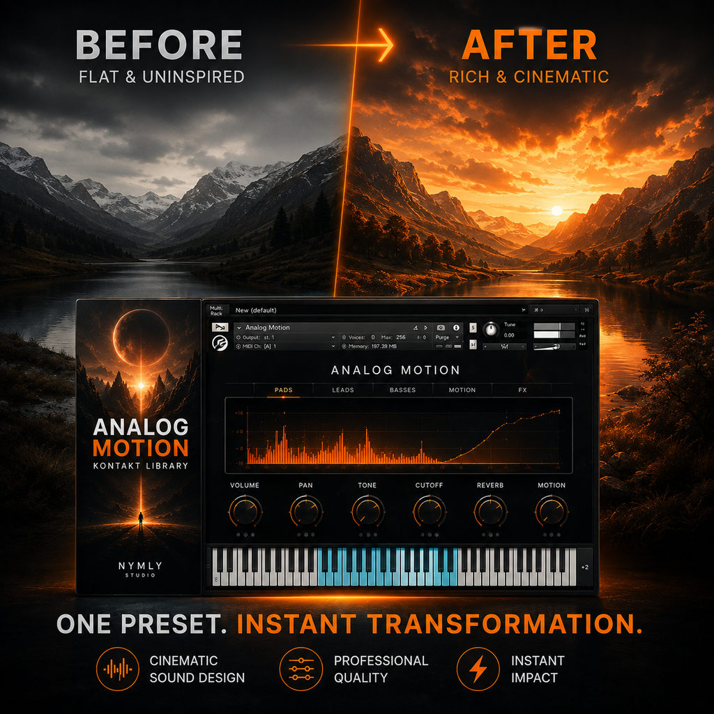 Promotional graphic for the Analog Motion Kontakt Library preset by NYMLY Studio, showing a software interface and cover art in front of a dramatic mountain landscape at sunset. Text reads 'BEFORE FLAT & UNINSPIRED' and 'AFTER RICH & CINEMATIC', with feature icons below.