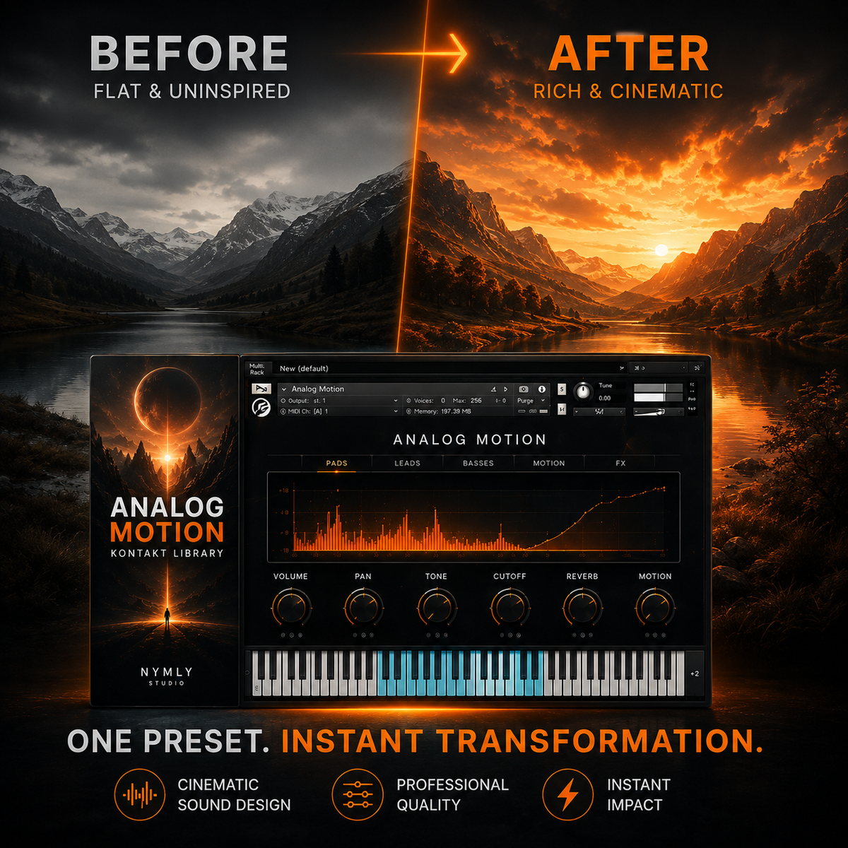 Promotional graphic for the Analog Motion Kontakt Library preset by NYMLY Studio, showing a software interface and cover art in front of a dramatic mountain landscape at sunset. Text reads 'BEFORE FLAT & UNINSPIRED' and 'AFTER RICH & CINEMATIC', with feature icons below.