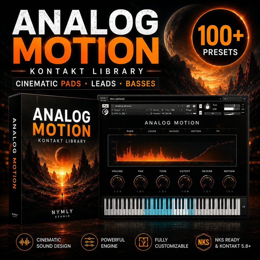 Promotional graphic for the Analog Motion Kontakt Library by NYMLY Studio, showing a software interface panel, a boxed cover design, and large marketing text including '100+ Presets' and feature callouts on a dark sci-fi landscape background.