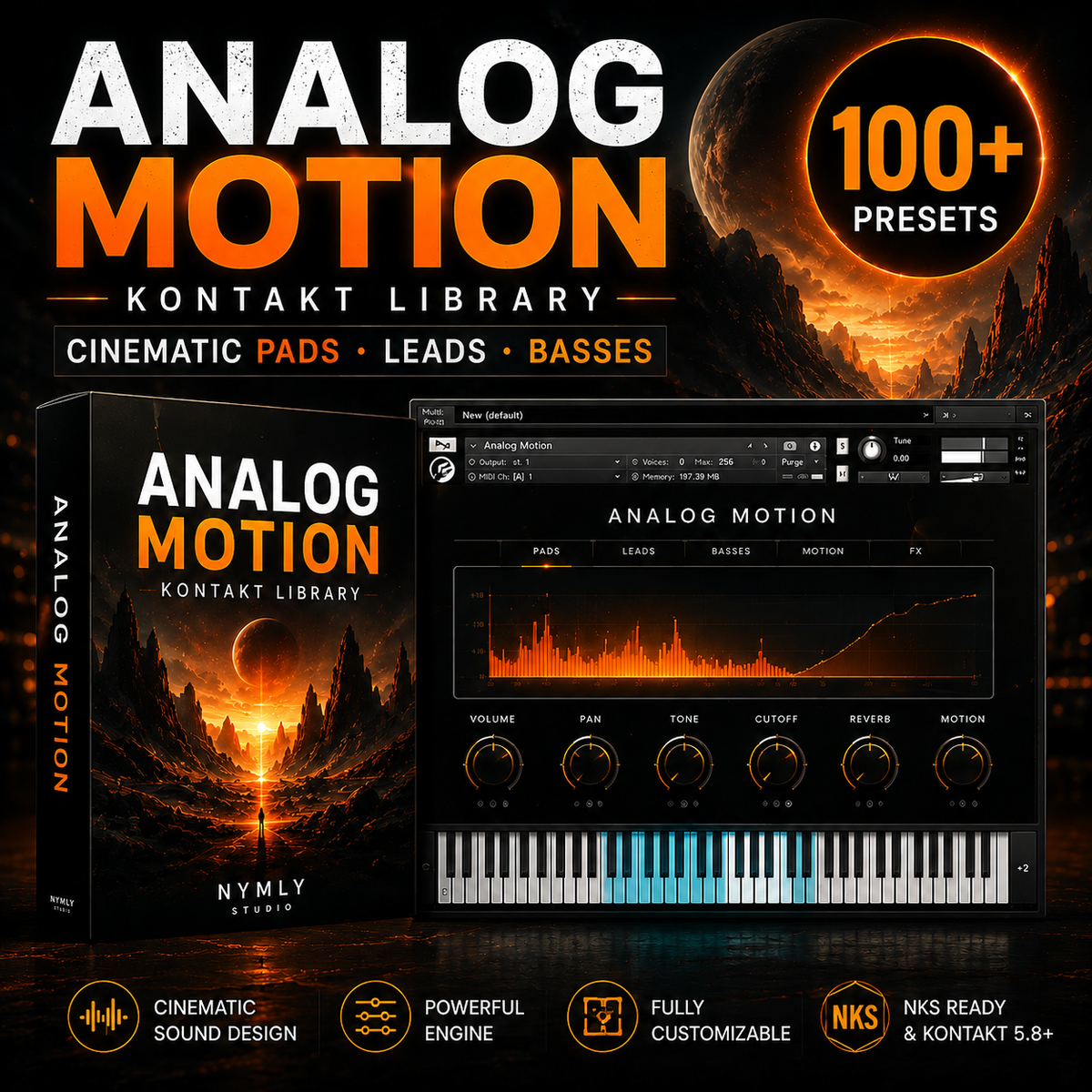 Promotional graphic for the Analog Motion Kontakt Library by NYMLY Studio, showing a software interface panel, a boxed cover design, and large marketing text including '100+ Presets' and feature callouts on a dark sci-fi landscape background.