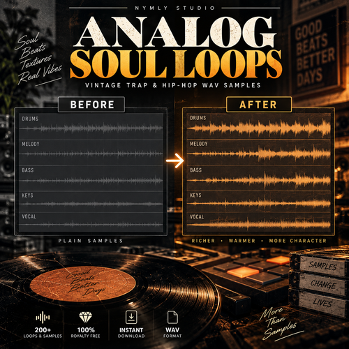 Promotional graphic for a digital audio sample pack titled 'ANALOG SOUL LOOPS' by Nymly Studio. The design shows a before/after waveform comparison with dark gray panels labeled drums, melody, bass, keys, and vocal.