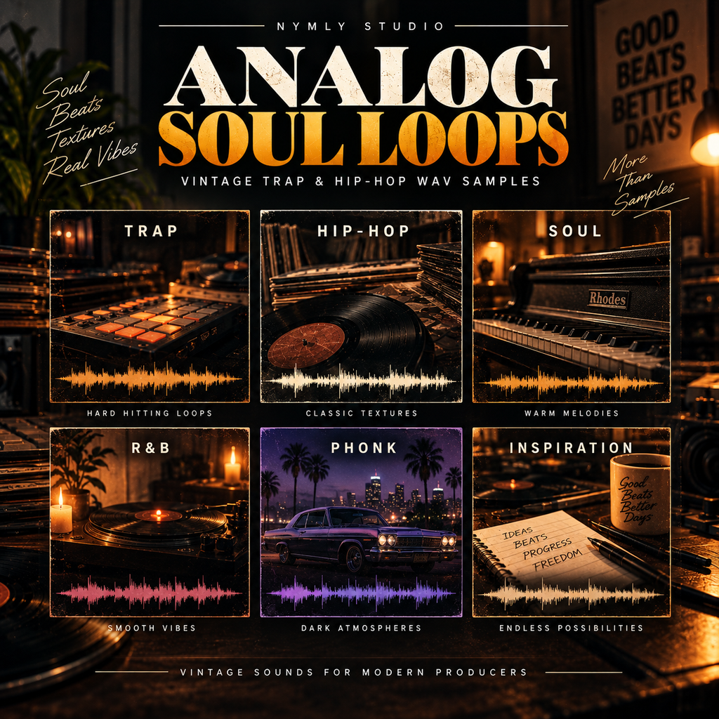 Promotional graphic for 'Analog Soul Loops' by Nymly Studio, showcasing six themed panels (Trap, Hip-Hop, Soul, R&B, Phonk, and Inspiration) with vintage audio waveforms, vinyl records, pianos, and warm-toned cityscapes.