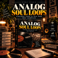 Promotional cover art for a digital sample pack titled 'ANALOG SOUL LOOPS' by Nymly Studio. The image shows a stylized vinyl record and cassette stack on a wooden table in a warm, dimly lit studio setting, with the product box centered in front.