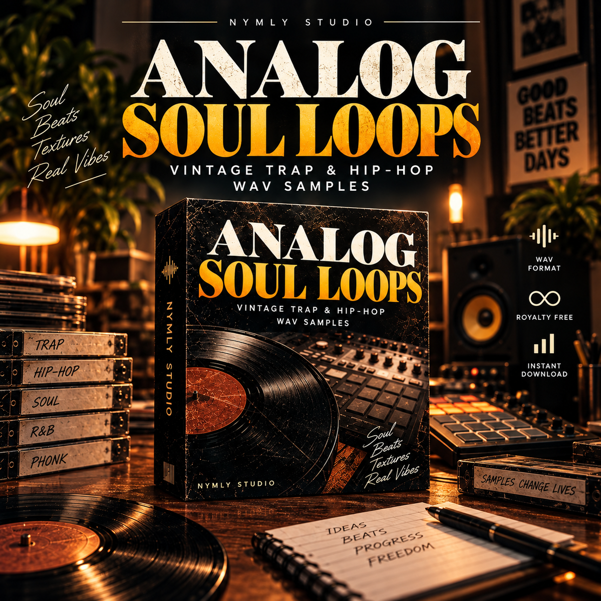Promotional cover art for a digital sample pack titled 'ANALOG SOUL LOOPS' by Nymly Studio. The image shows a stylized vinyl record and cassette stack on a wooden table in a warm, dimly lit studio setting, with the product box centered in front.