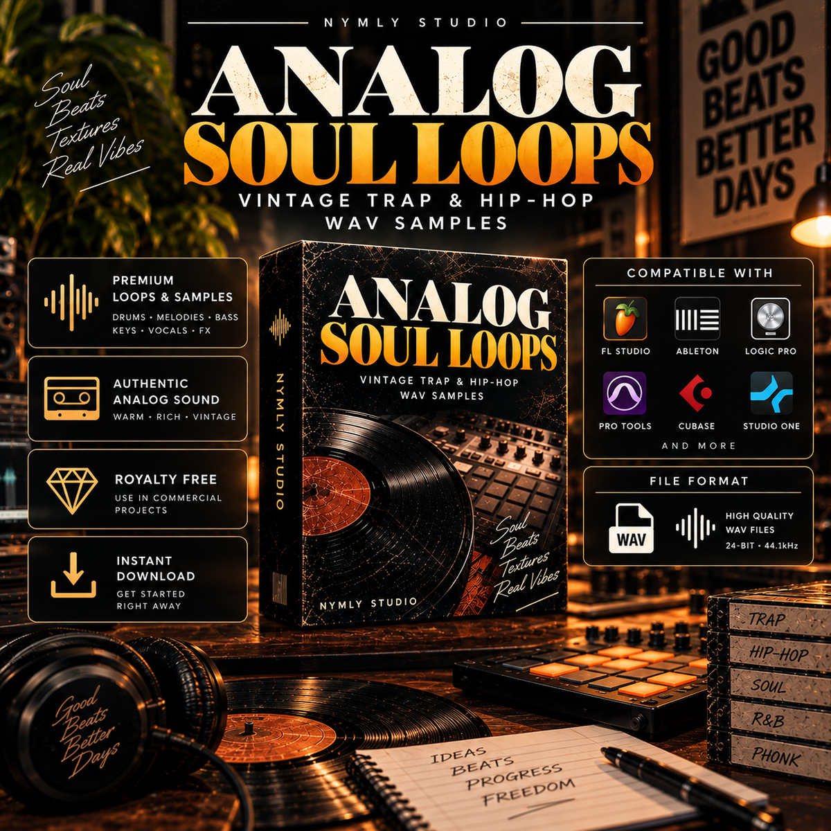 Promotional graphic for a digital sample pack titled 'ANALOG SOUL LOOPS' by Nymly Studio, showing a vinyl record box, cassette tape, microphone, and music production software compatibility badges on a dark vintage-themed background.
