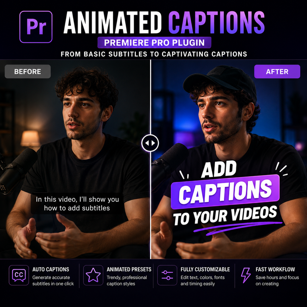 Promotional graphic for an Animated Captions Premiere Pro plugin, showing a split-screen comparison labeled BEFORE and AFTER with a presenter speaking into a microphone and large purple text reading 'ADD CAPTIONS TO YOUR VIDEOS'. The top left shows the Premiere Pro 'Pr' logo, and feature icons appear along the bottom.