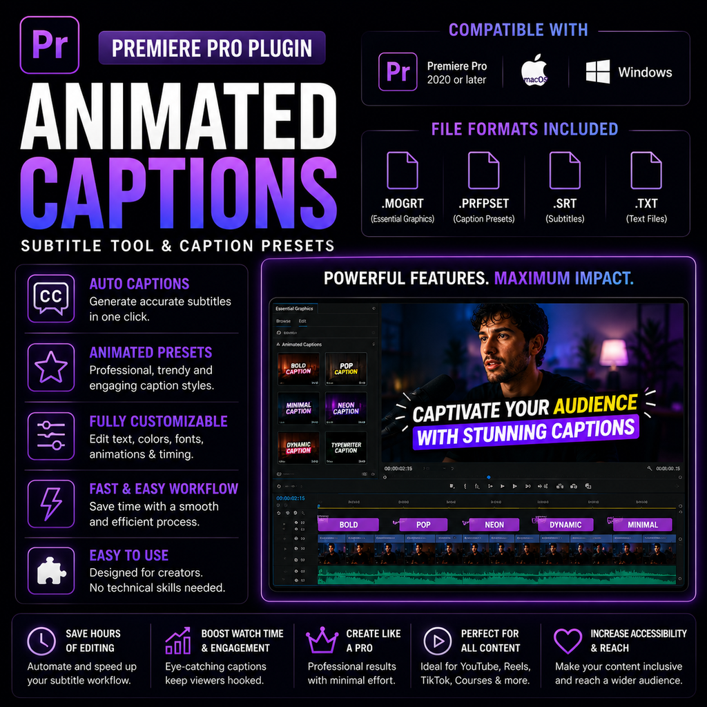 Promotional graphic for a Premiere Pro plugin titled 'Animated Captions' with large purple and white text, compatibility badges for Premiere Pro 2020 on macOS and Windows, feature callouts, file format icons, and a preview window showing a video thumbnail with captioned text.