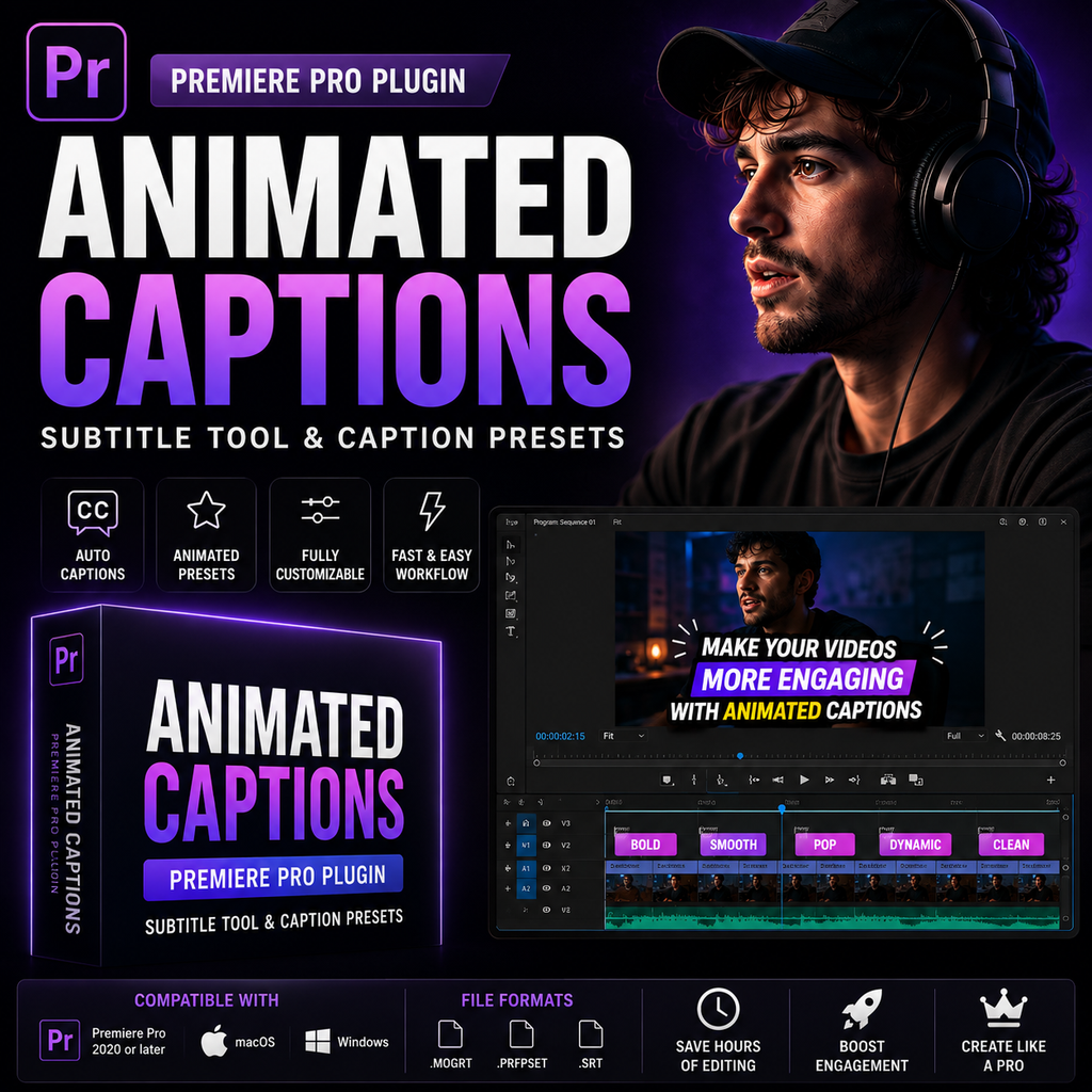 Promotional graphic for an animated caption subtitle tool and caption presets for Adobe Premiere Pro, featuring large text, a person wearing headphones, a software interface preview, and compatibility badges.