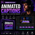 Promotional graphic for an animated caption subtitle tool and caption presets for Adobe Premiere Pro, featuring large text, a person wearing headphones, a software interface preview, and compatibility badges.