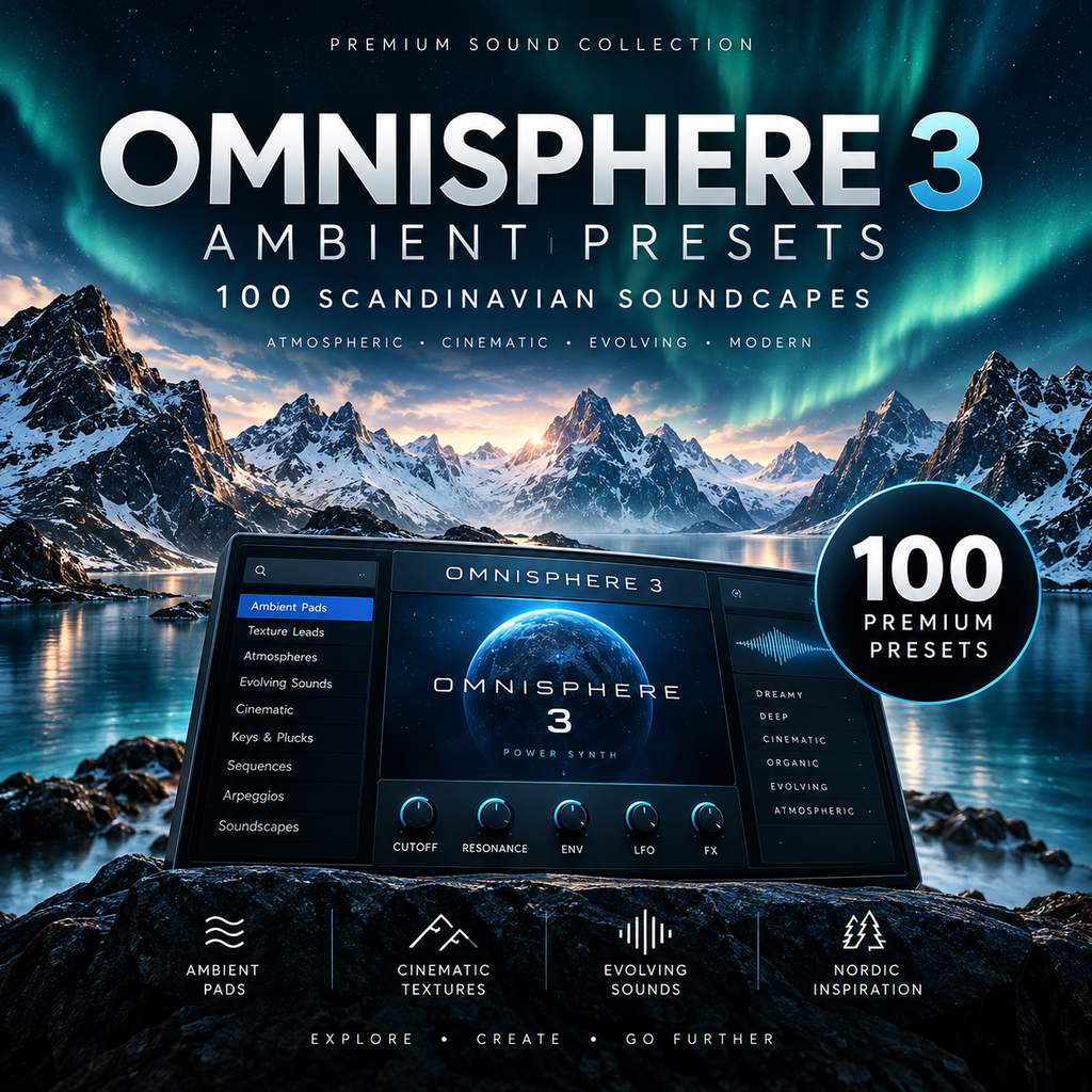 Promotional graphic for Omnisphere 3 Ambient Presets, showing a digital software interface overlaid on a dramatic mountain-and-lake landscape with aurora lights. Text reads 'Omnisphere 3 Ambient Presets', '100 Scandinavian Soundcapes', and feature icons at the bottom.